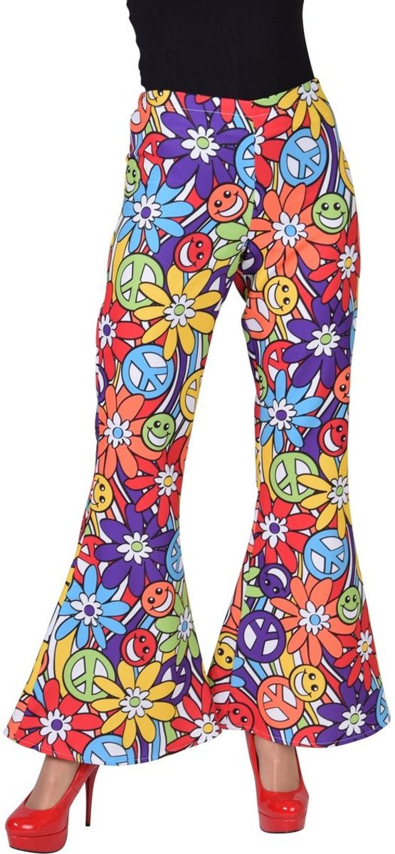 Hippie Kostuum | Vrolijke Smiley Hippie Broek Vrouw | Large | Carnaval kostuum | Verkleedkleding